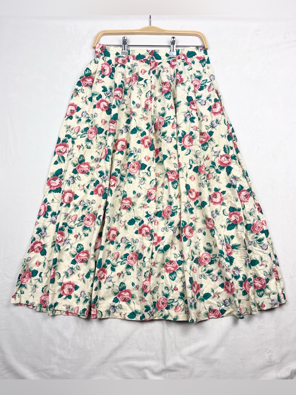 Cambridge Dry Goods Vintage 90s 100% Cotton Rose Floral Button Front Skirt Size
